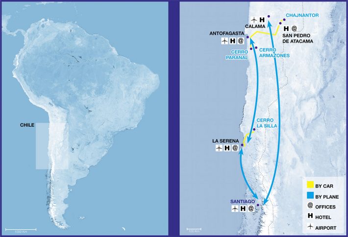 Mapa das instalações do ESO nos Andes chilenos. 