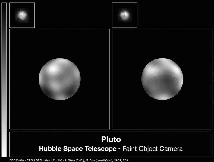 Essa era a "foto" mais detalhada da superfície de Plutão disponível em 2006, quando a New Horizons foi lançada. Feita por uma combinação de imagens do telescópio espacial Hubble em 1996. Credit: Alan Stern (Southwest Research Institute), Marc Buie (Lowell Observatory), NASA and ESA