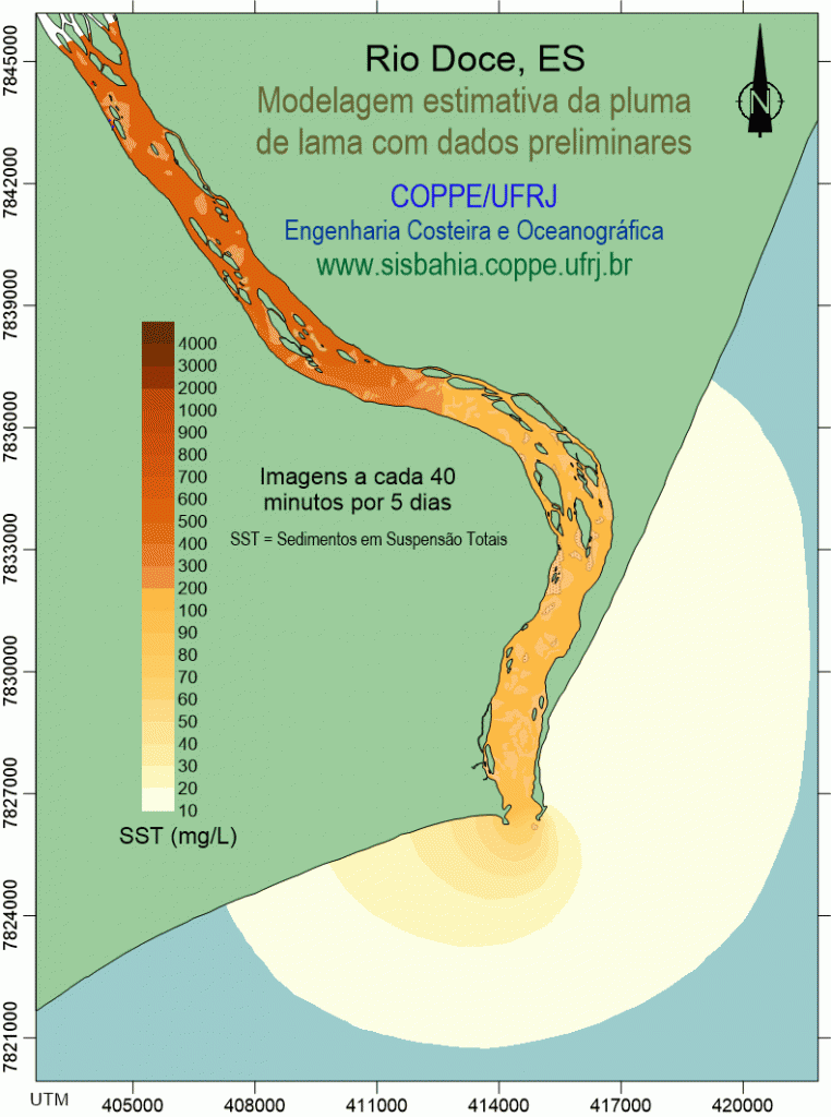 Simulação da dispersão de onda de lama no mar, saindo pelo Rio Doce, feita pelo laboratório do Prof. Paulo Rosman, da Coppe-UFRJ.
