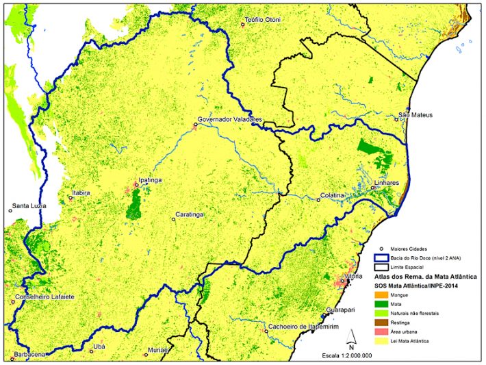 Mapa de remanescentes florestais na Bacia do Rio Doce. Fonte: Ibama/SOS Mata Atlântica/INPE