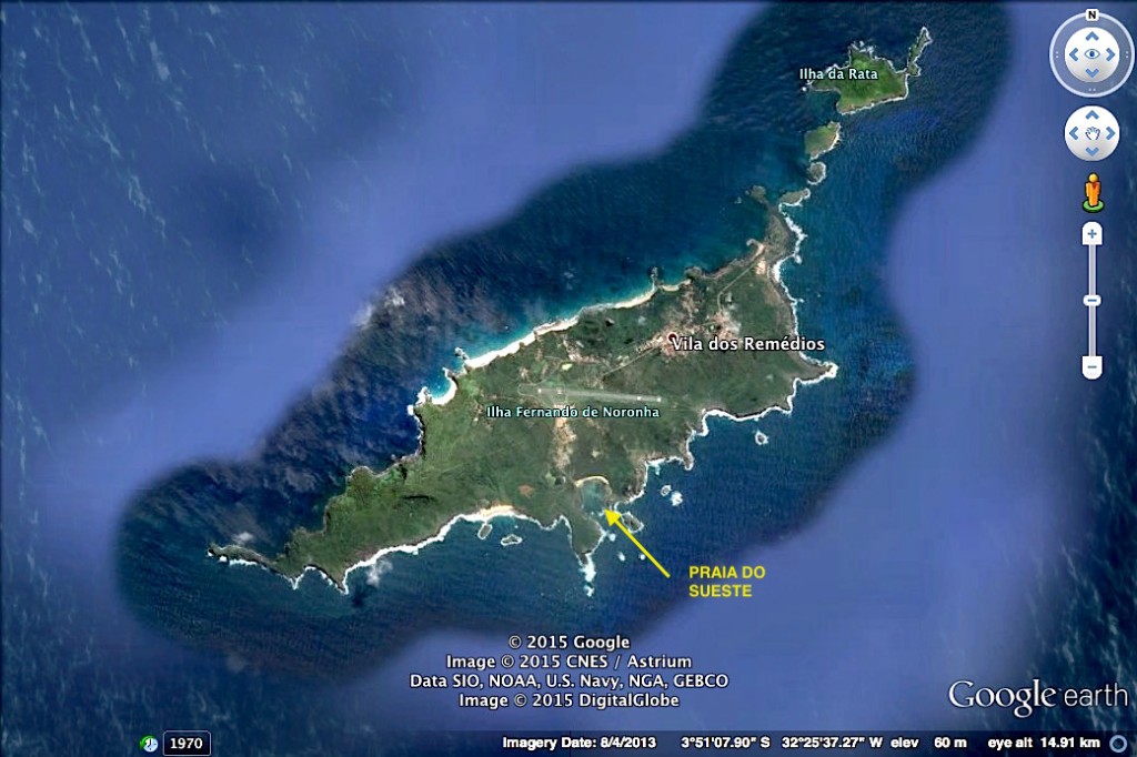 Localização da praia onde ocorreu o ataque. Crédito: Herton Escobar, com imagem do Google Earth