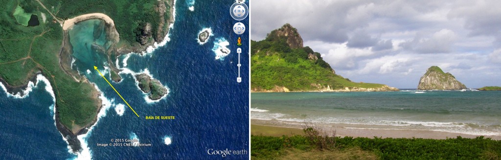 Localização e vista da Baía do Sueste. Crédito: Imagem Google Earth/Foto de Ana Sacoman/Edição de Herton Escobar/Estadão