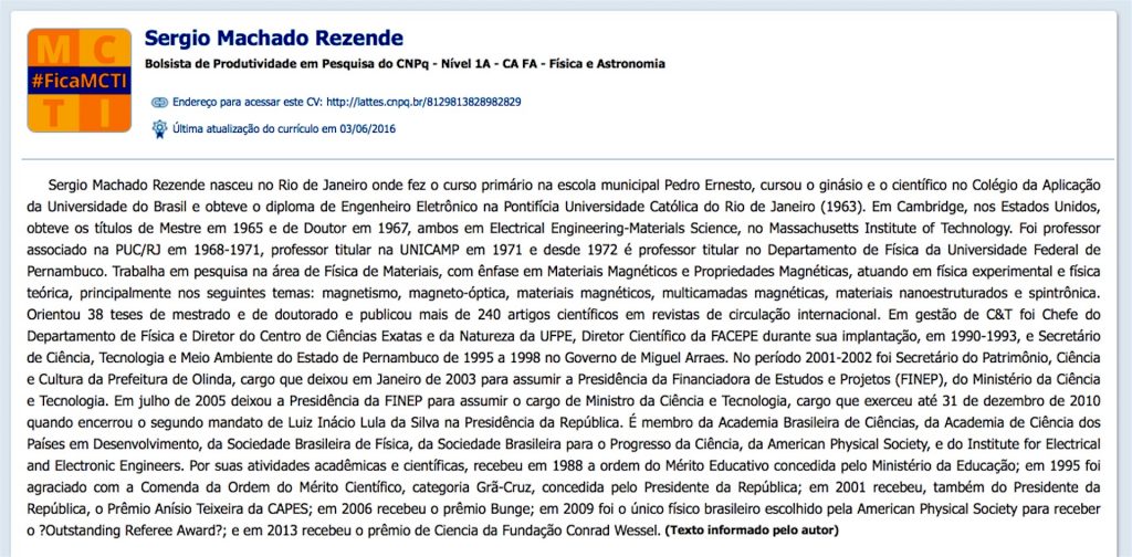 Currículo do ex-ministro Sergio Rezende, com foto substituída pela logo da campanha #ficaMCTI